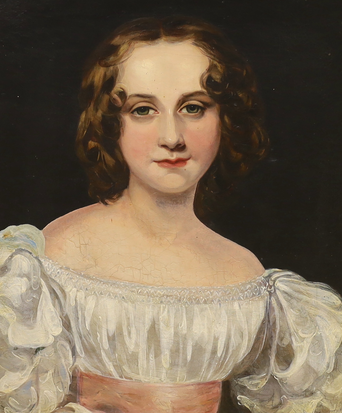 20th century English School, oil on canvas, Portrait of a young girl wearing Victorian dress, 50 x 42cm